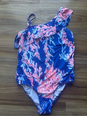 Lilly Pulitzer Girls One-Shoulder Blue Swimsuit with Pink Coral Print